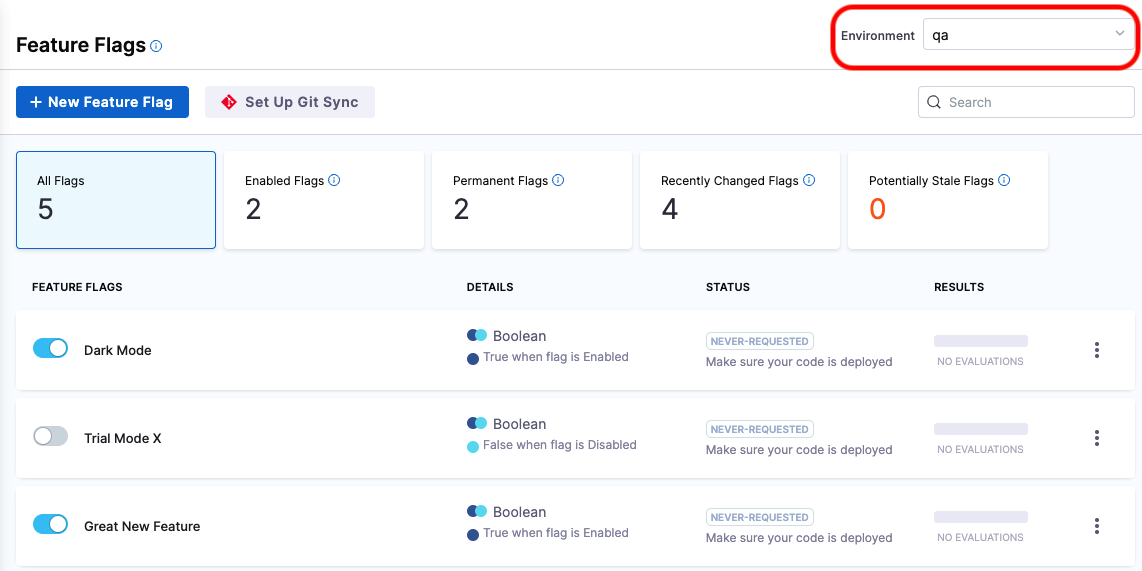 Dashboard with one environment selected